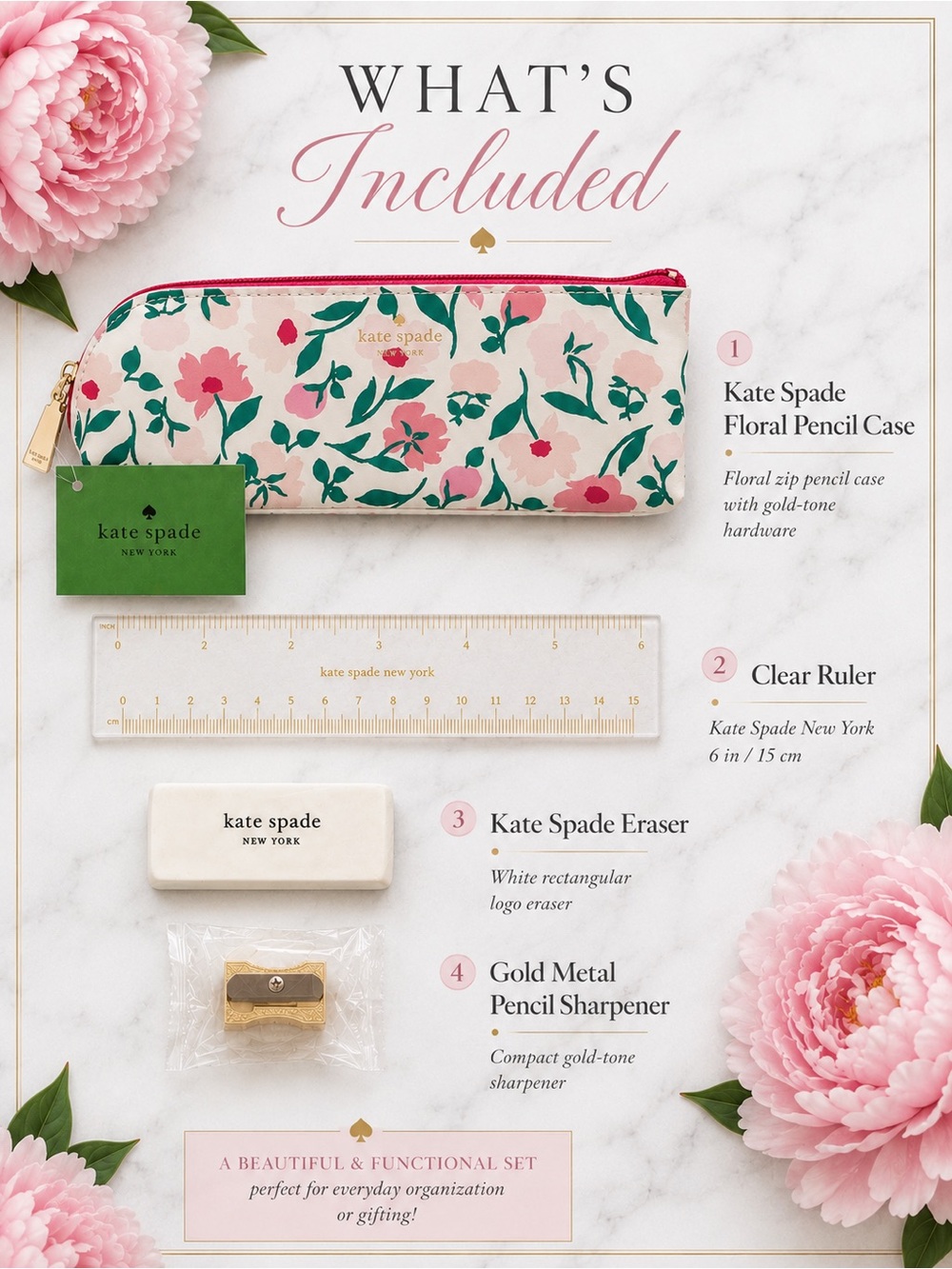 Kate Spade ♠️ Floral Pencil Case Ruler Eraser Sharpener Set NWT - Picture 6 of 6